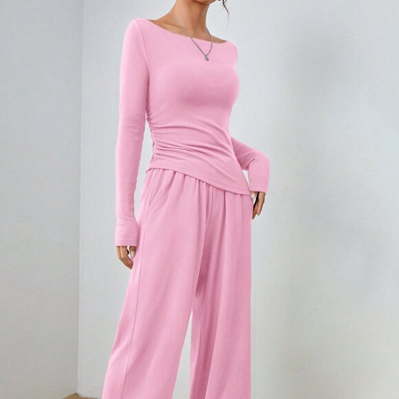 Pink Casual Women's Long Sleeve Blouse And Pants lounge Coord Set - Picture 6 of 7